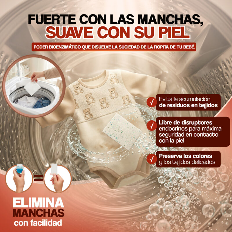 Detergente ecológico en tiras – Hipoalergénico, sin fragancia y con ingredientes de origen vegetal