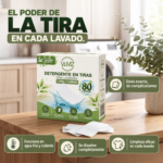 Caja de detergente VAMZ y tiras sobre una encimera de madera, con cuatro ventajas: dosificación sencilla, uso en agua fría y caliente, disolución completa y limpieza eficaz.