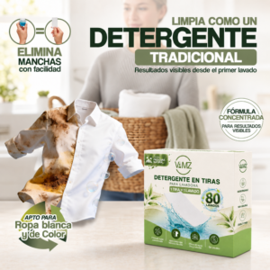 Camisa con una mitad manchada y otra limpia junto a una caja de detergente en tiras VAMZ, como ilustración de la limpieza de ropa blanca y de color.