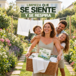 Familia en un jardín con ropa tendida y una cesta de prendas limpias que contiene una caja de detergente en tiras VAMZ.