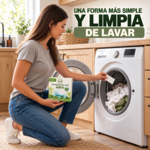 Mujer colocando una tira de detergente en el tambor de la lavadora mientras sostiene una caja VAMZ en una cocina de madera.