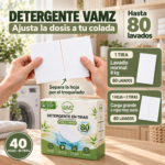 Manos separando una hoja de detergente VAMZ por el troquelado. Una tira para un lavado normal de 8 kg y dos para cargas grandes o ropa muy sucia.